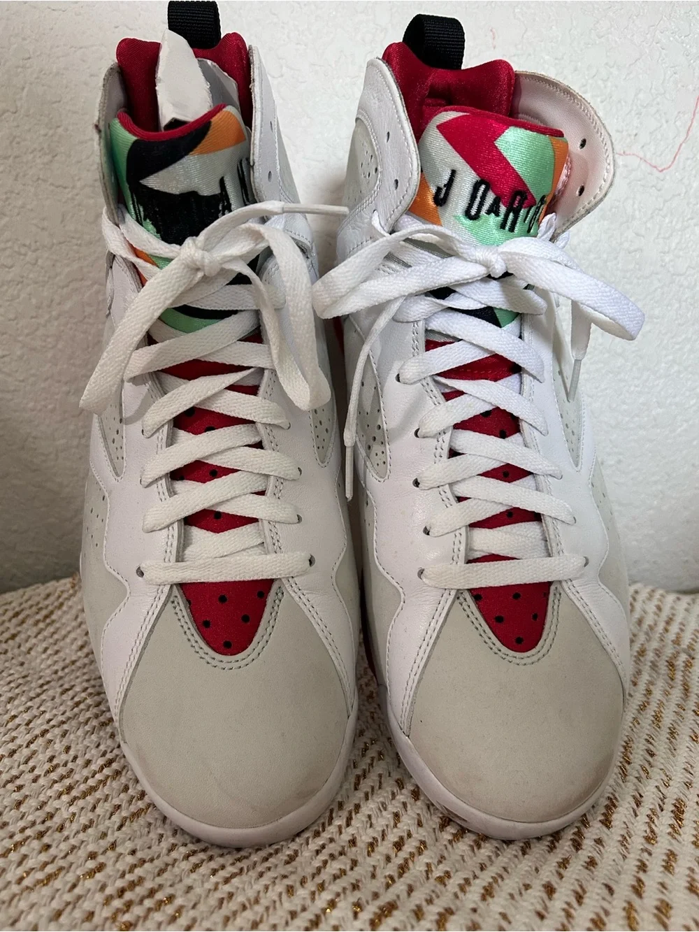 Jordan White High-Tops with Red and Metallic Green Accents